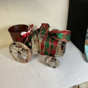 Merry Christmas Co Decorative Item Rustic Metal Cart Red Green‎ Ribbon Holiday